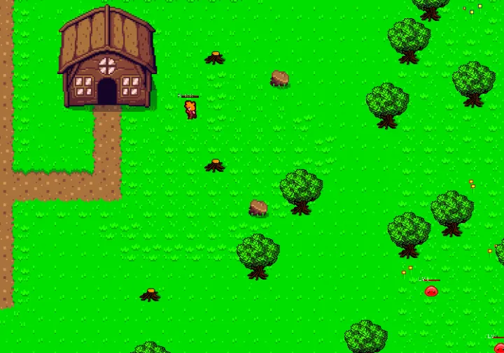 Player character standing near a wooden house in the hub town of Noven Garde, surrounded by trees and stumps.